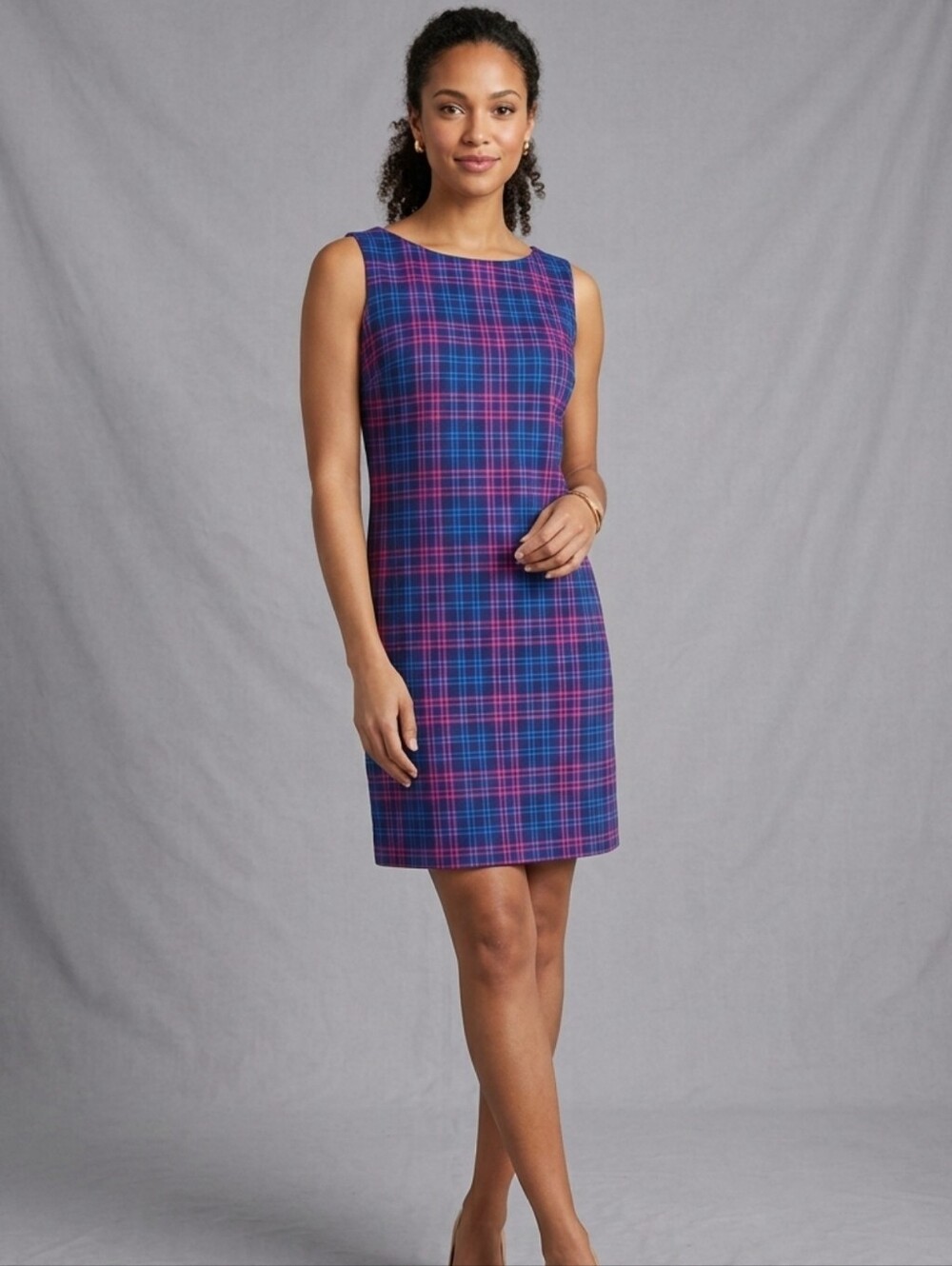 Jude Connally Plaid Shift Dress Blue Pink Sleeveless Workwear Small